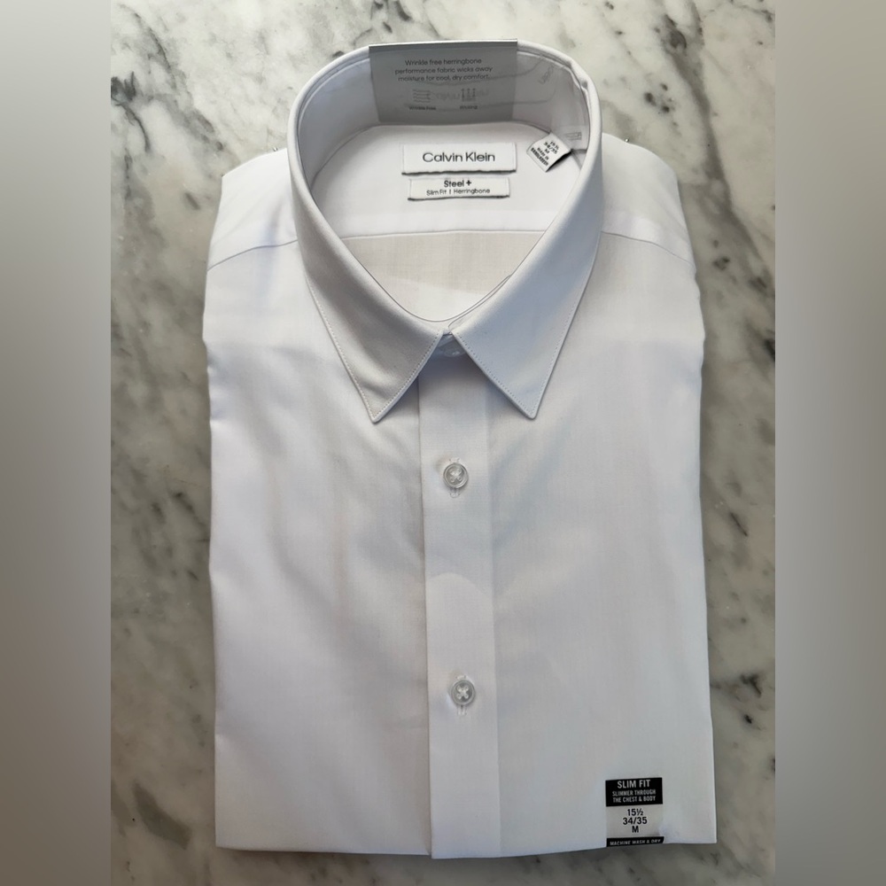 Calvin Klein Men's slim fit Herringbone Dress Shirt SZ 15.5, 34/35 NWT white